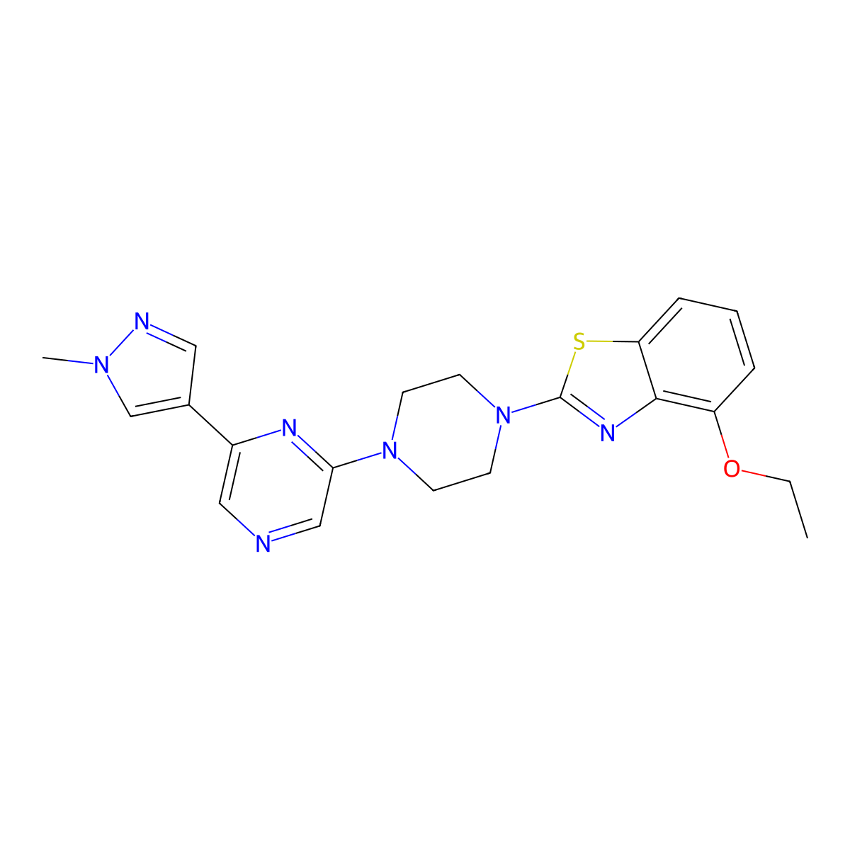 4-ethoxy-2-{4-[6-(1-methyl-1H-pyrazol-4-yl)pyrazin-2-yl]piperazin-1-yl}-1,3-benzothiazole molecular structure, CAS 2770616-24-3