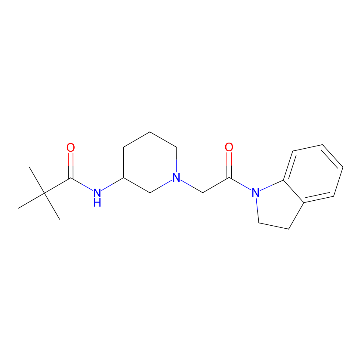 N-{1-[2-(2,3-dihydro-1H-indol-1-yl)-2-oxoethyl]piperidin-3-yl}-2,2-dimethylpropanamide molecular structure, CAS 2770616-26-5