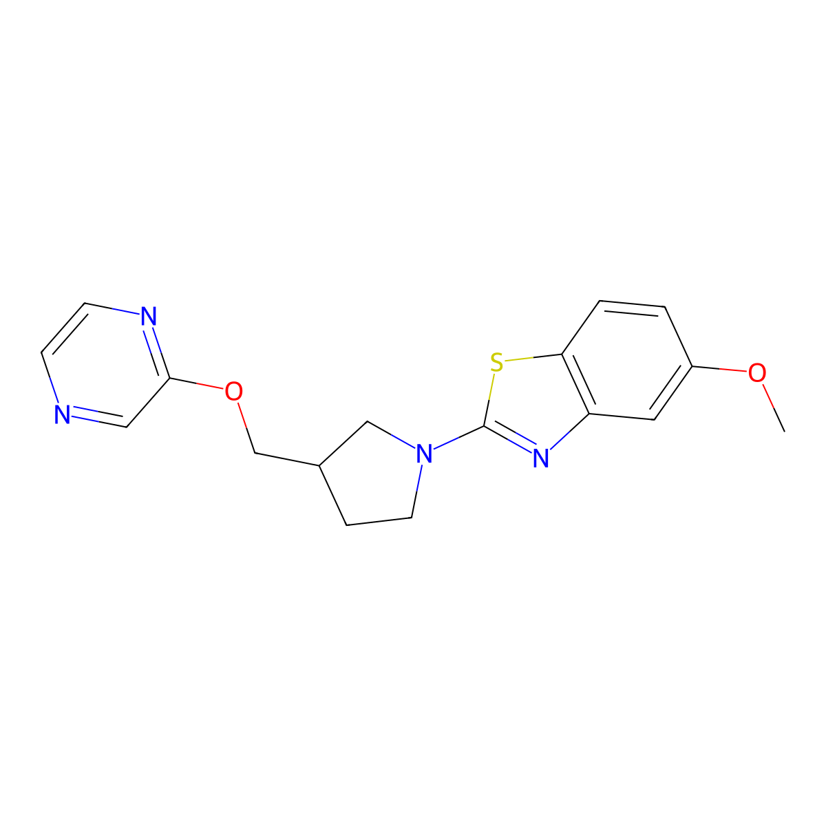 5-Methoxy-2-{3-[(pyrazin-2-yloxy)methyl]pyrrolidin-1-yl}-1,3-benzothiazole molecular structure, CAS 2770616-28-7