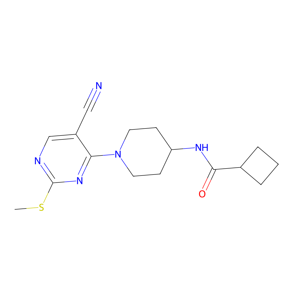 N-{1-[5-cyano-2-(methylsulfanyl)pyrimidin-4-yl]piperidin-4-yl}cyclobutanecarboxamide molecular structure, CAS 2770616-33-4