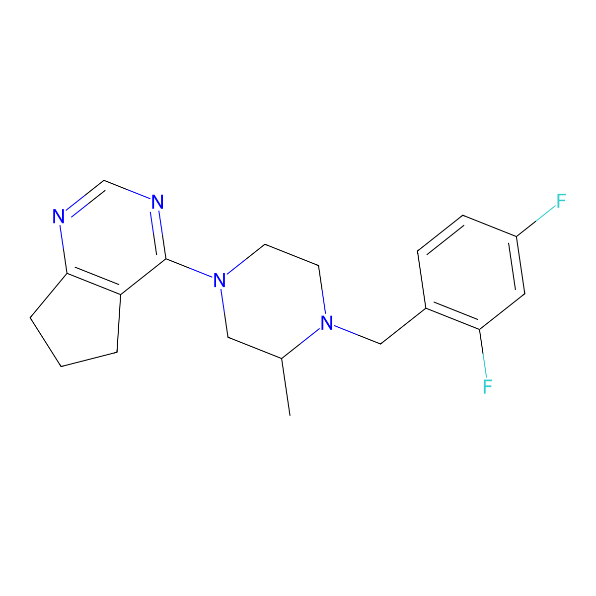 4-{5H,6H,7H-cyclopenta[d]pyrimidin-4-yl}-1-[(2,4-difluorophenyl)methyl]-2-methylpiperazine molecular structure, CAS 2770616-36-7