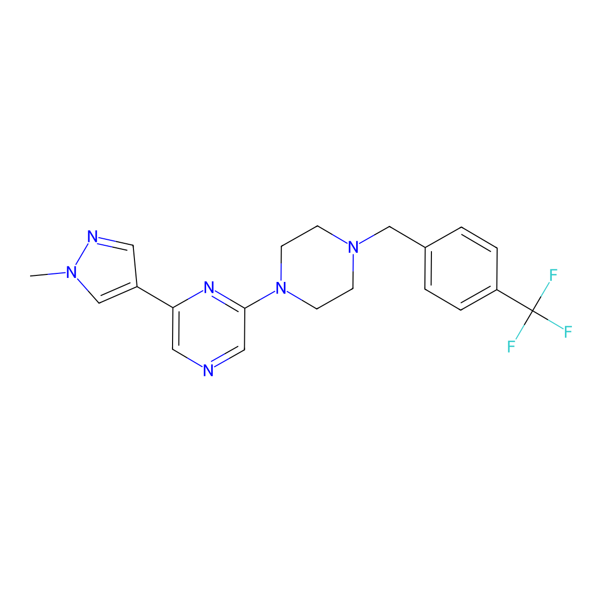 2-(1-methyl-1H-pyrazol-4-yl)-6-(4-{[4-(trifluoromethyl)phenyl]methyl}piperazin-1-yl)pyrazine molecular structure, CAS 2770616-37-8