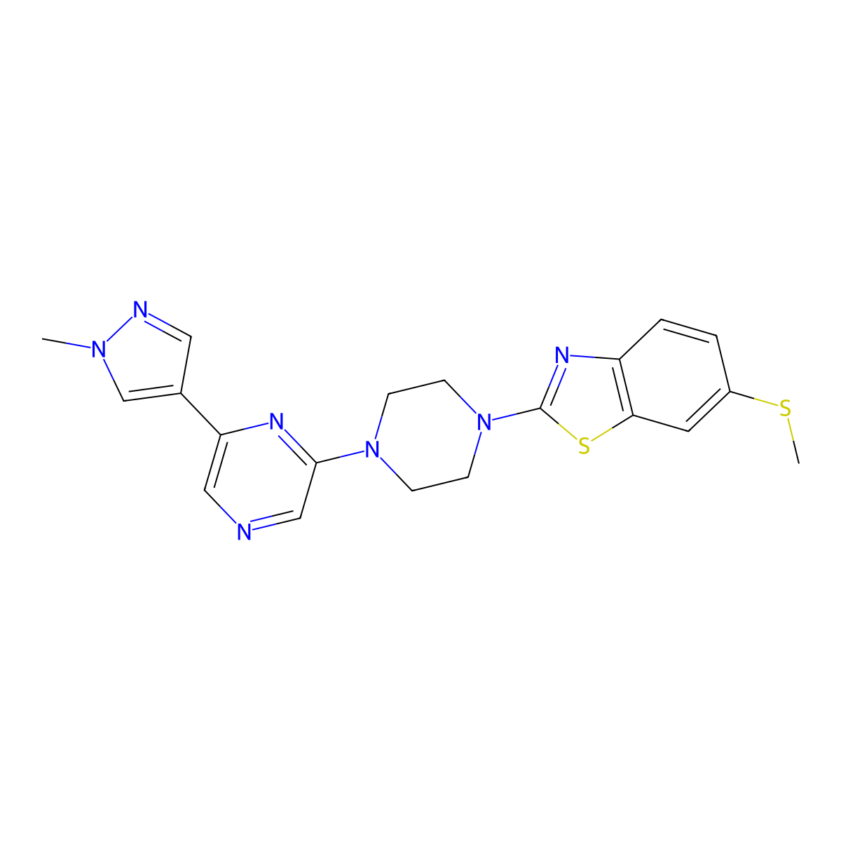 2-{4-[6-(1-methyl-1H-pyrazol-4-yl)pyrazin-2-yl]piperazin-1-yl}-6-(methylsulfanyl)-1,3-benzothiazole molecular structure, CAS 2770616-42-5