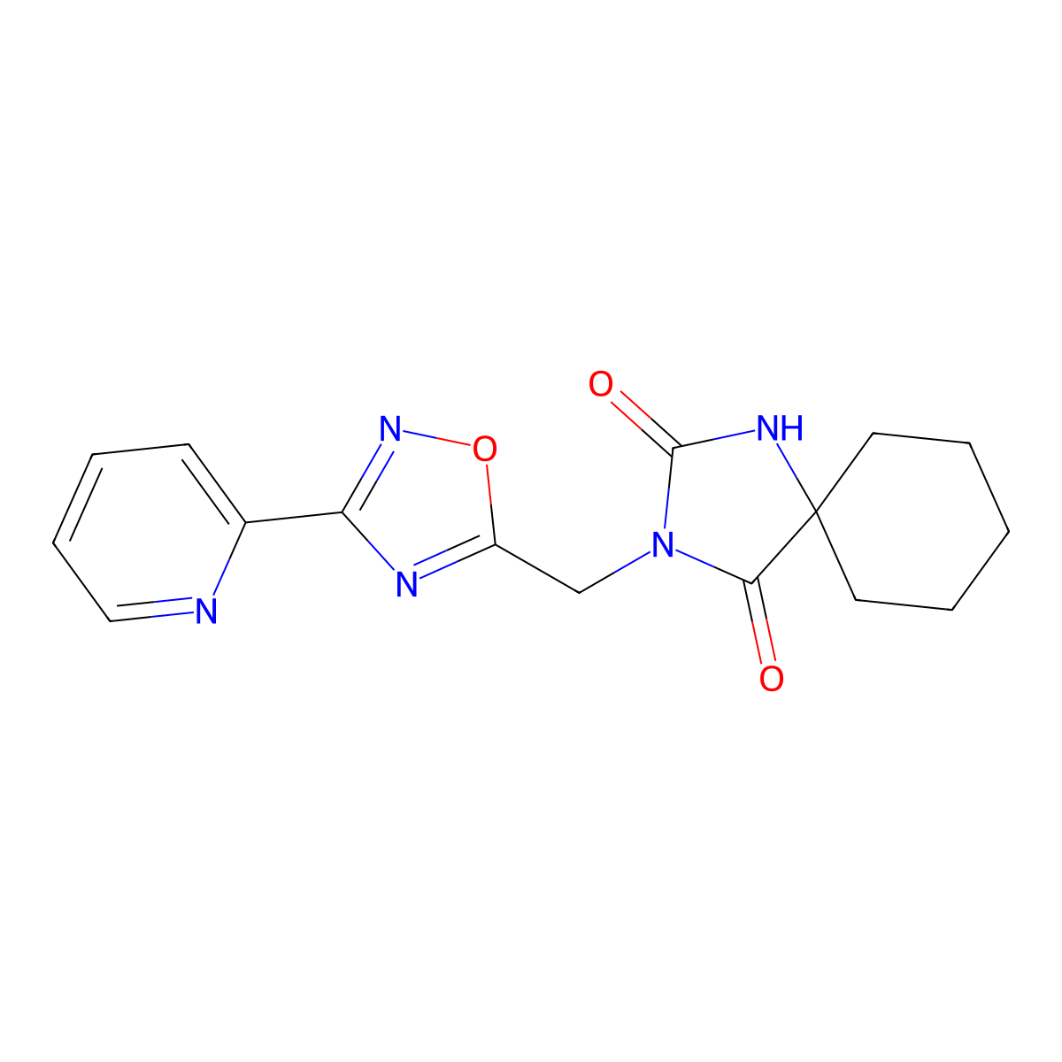 3-{[3-(Pyridin-2-yl)-1,2,4-oxadiazol-5-yl]methyl}-1,3-diazaspiro[4.5]decane-2,4-dione molecular structure, CAS 2770616-46-9