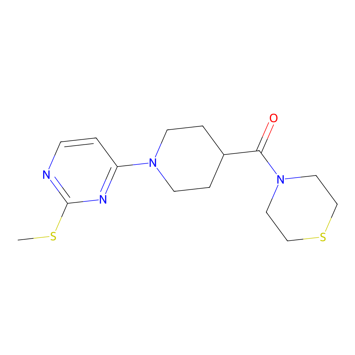 4-{1-[2-(Methylsulfanyl)pyrimidin-4-yl]piperidine-4-carbonyl}thiomorpholine molecular structure, CAS 2770616-47-0