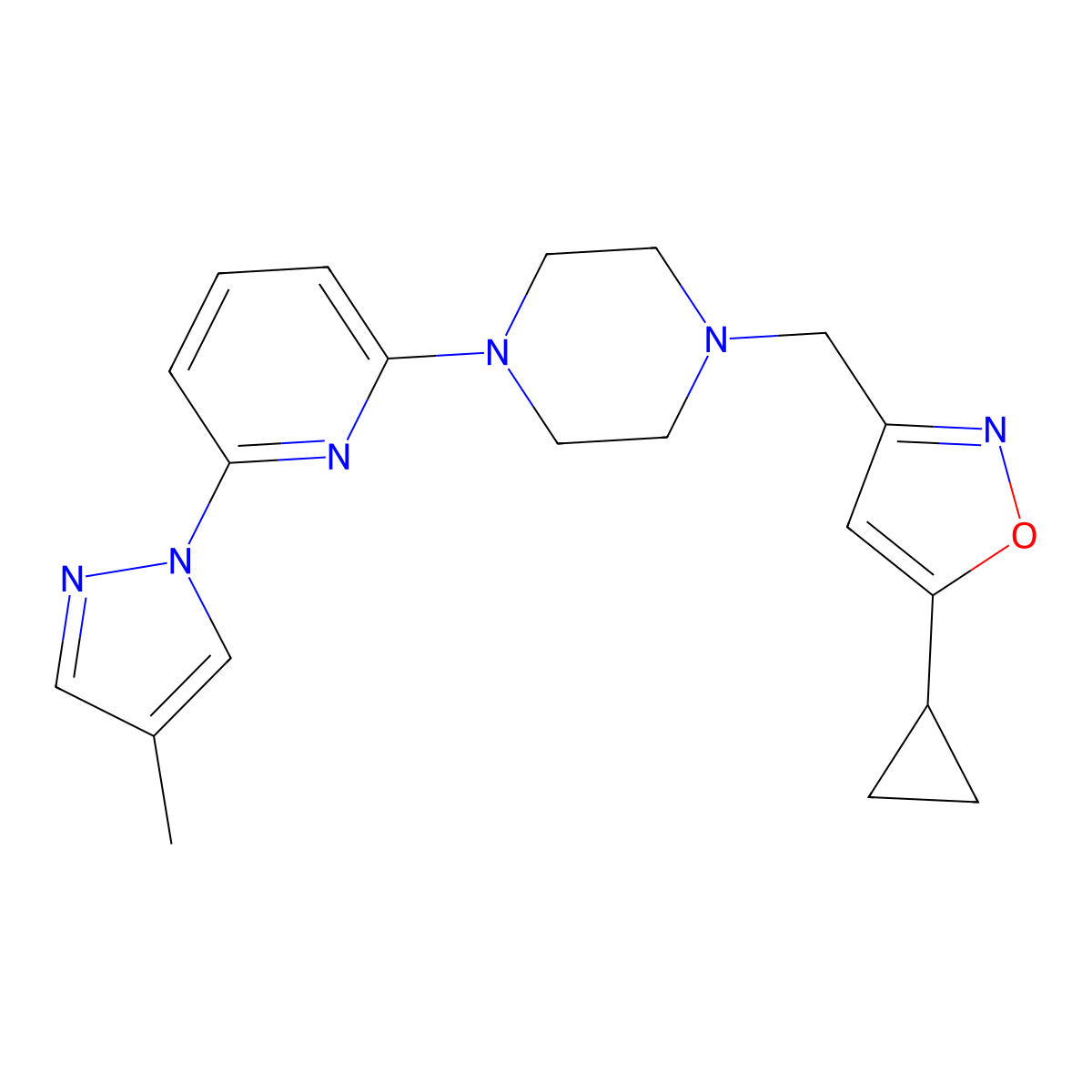 1-[(5-cyclopropyl-1,2-oxazol-3-yl)methyl]-4-[6-(4-methyl-1H-pyrazol-1-yl)pyridin-2-yl]piperazine molecular structure, CAS 2770616-53-8