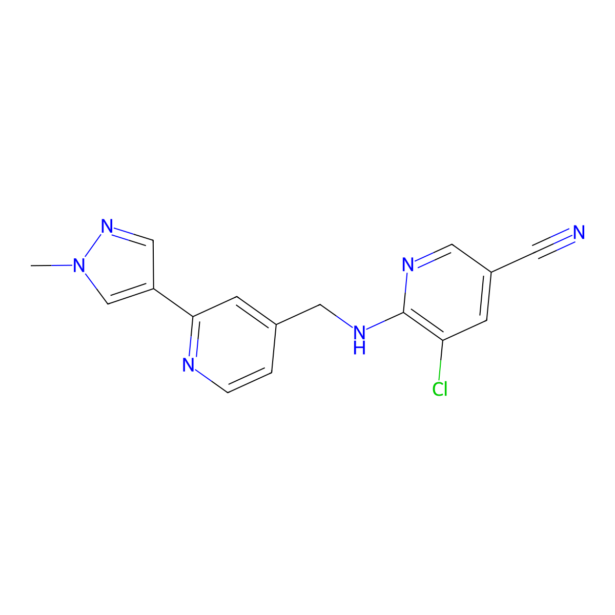 5-chloro-6-({[2-(1-methyl-1H-pyrazol-4-yl)pyridin-4-yl]methyl}amino)pyridine-3-carbonitrile molecular structure, CAS 2770616-54-9