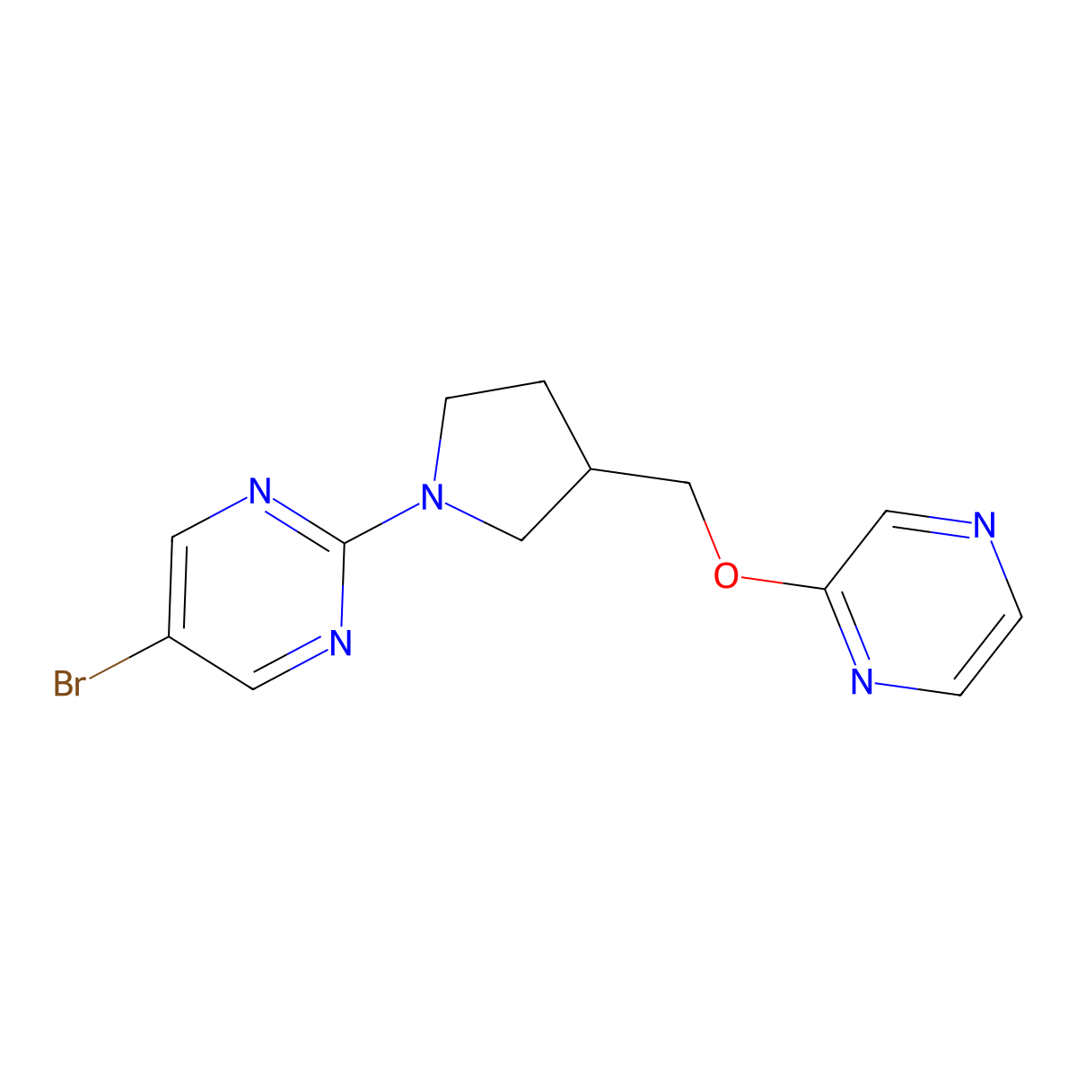 5-Bromo-2-{3-[(pyrazin-2-yloxy)methyl]pyrrolidin-1-yl}pyrimidine molecular structure, CAS 2770616-56-1