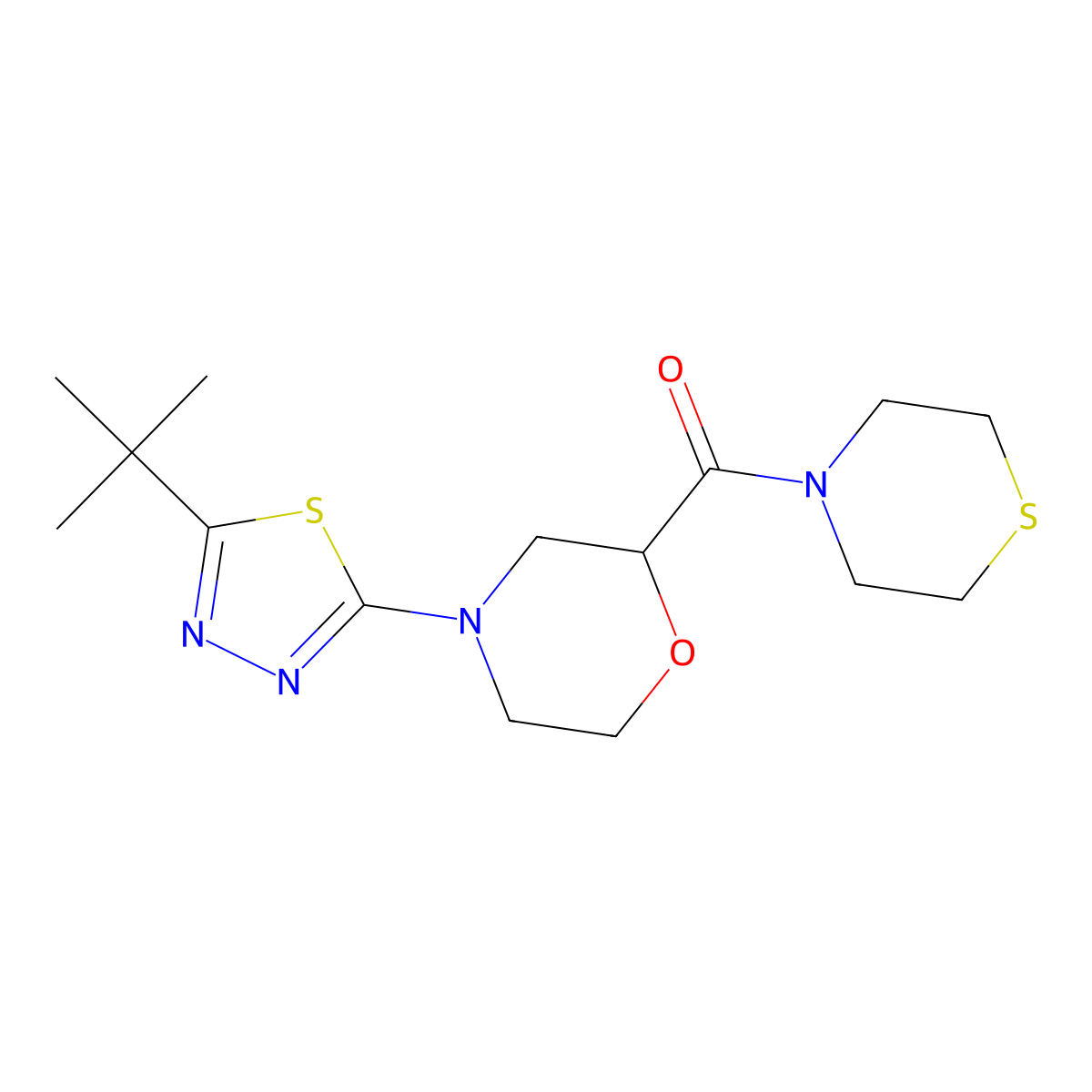 4-(5-Tert-butyl-1,3,4-thiadiazol-2-yl)-2-(thiomorpholine-4-carbonyl)morpholine molecular structure, CAS 2770616-61-8