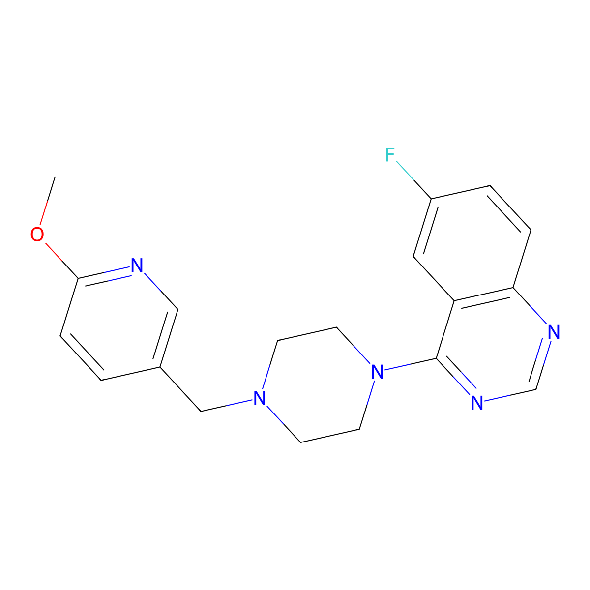 6-Fluoro-4-{4-[(6-methoxypyridin-3-yl)methyl]piperazin-1-yl}quinazoline molecular structure, CAS 2770616-67-4