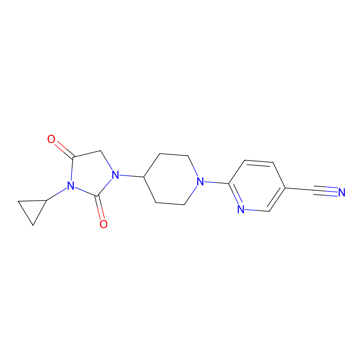 6-[4-(3-Cyclopropyl-2,4-dioxoimidazolidin-1-yl)piperidin-1-yl]pyridine-3-carbonitrile molecular structure, CAS 2770616-79-8