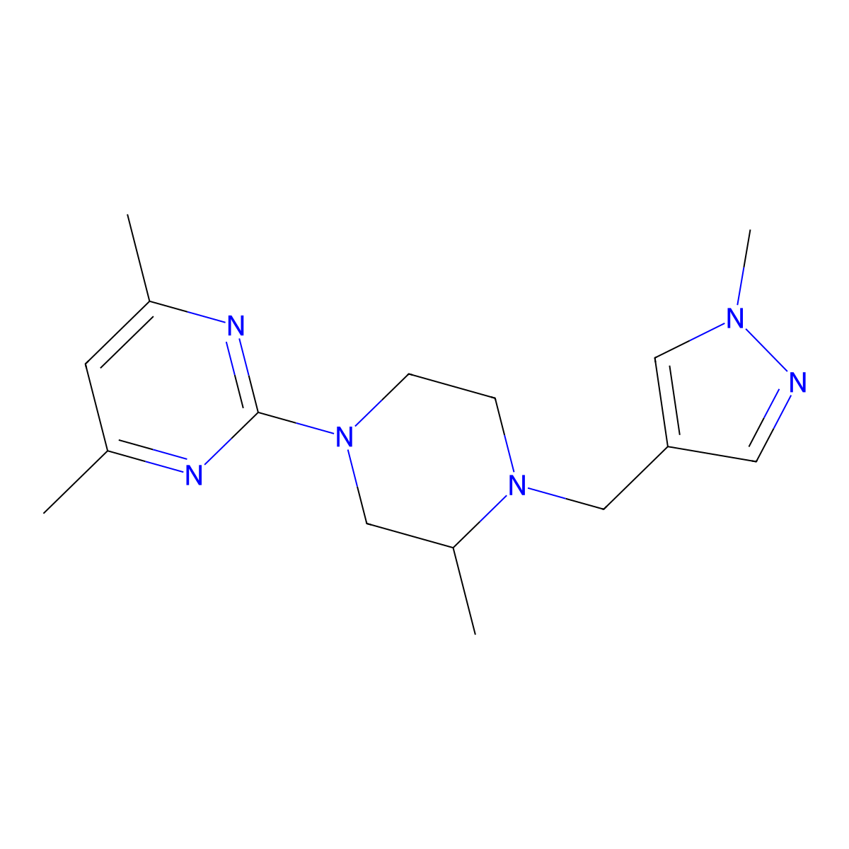 4,6-dimethyl-2-{3-methyl-4-[(1-methyl-1H-pyrazol-4-yl)methyl]piperazin-1-yl}pyrimidine molecular structure, CAS 2770616-82-3