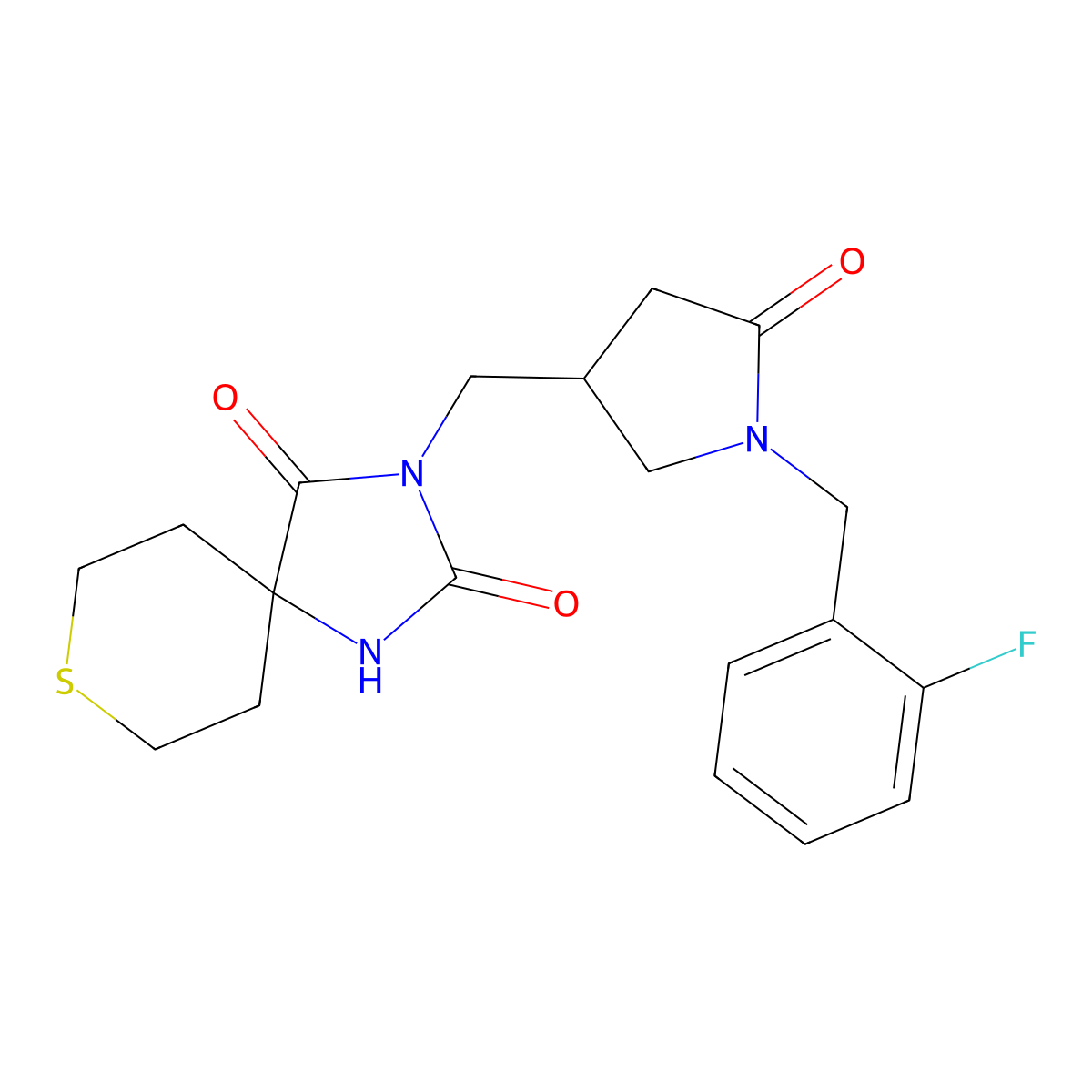 3-({1-[(2-Fluorophenyl)methyl]-5-oxopyrrolidin-3-yl}methyl)-8-thia-1,3-diazaspiro[4.5]decane-2,4-dione molecular structure, CAS 2770616-97-0