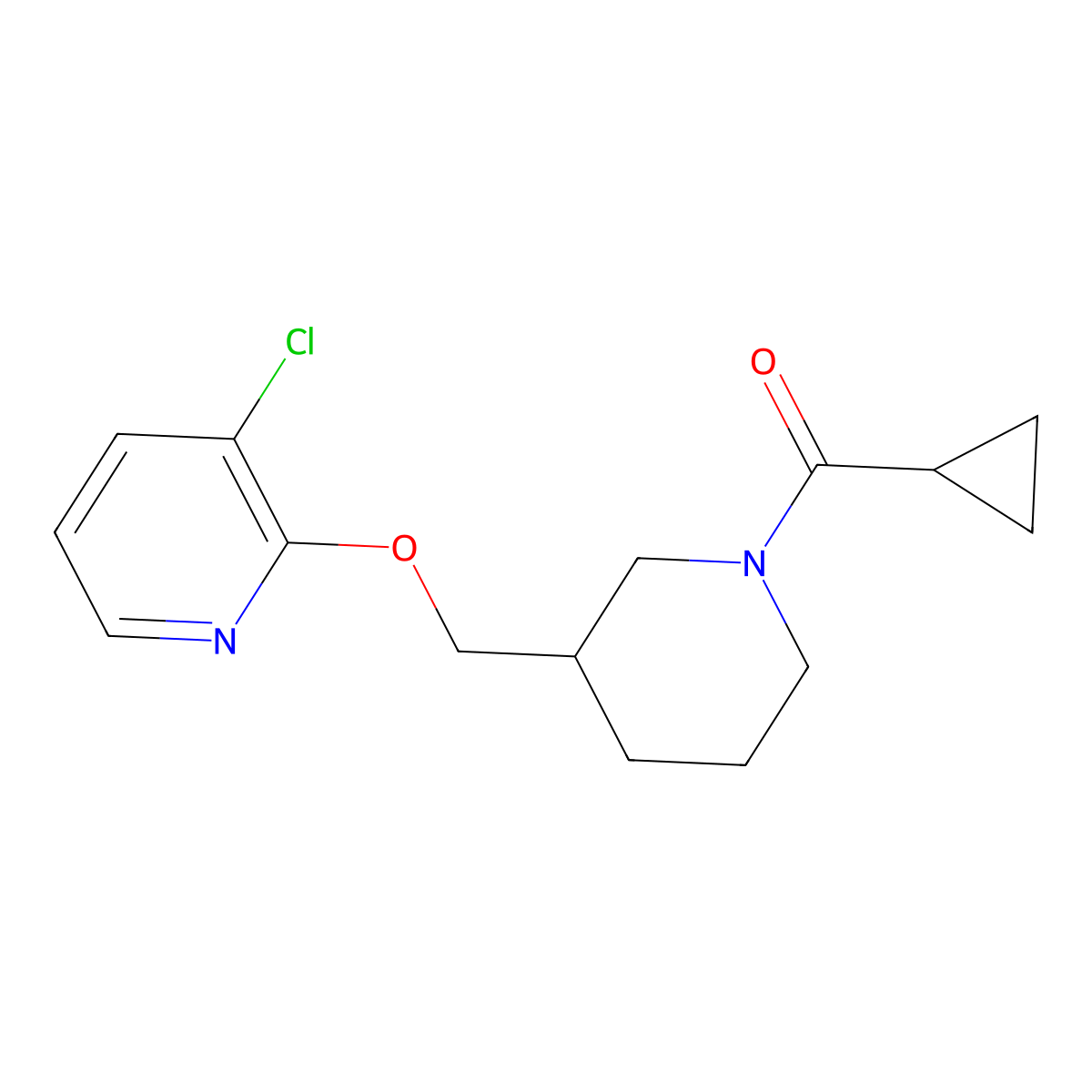 3-Chloro-2-[(1-cyclopropanecarbonylpiperidin-3-yl)methoxy]pyridine molecular structure, CAS 2770616-99-2