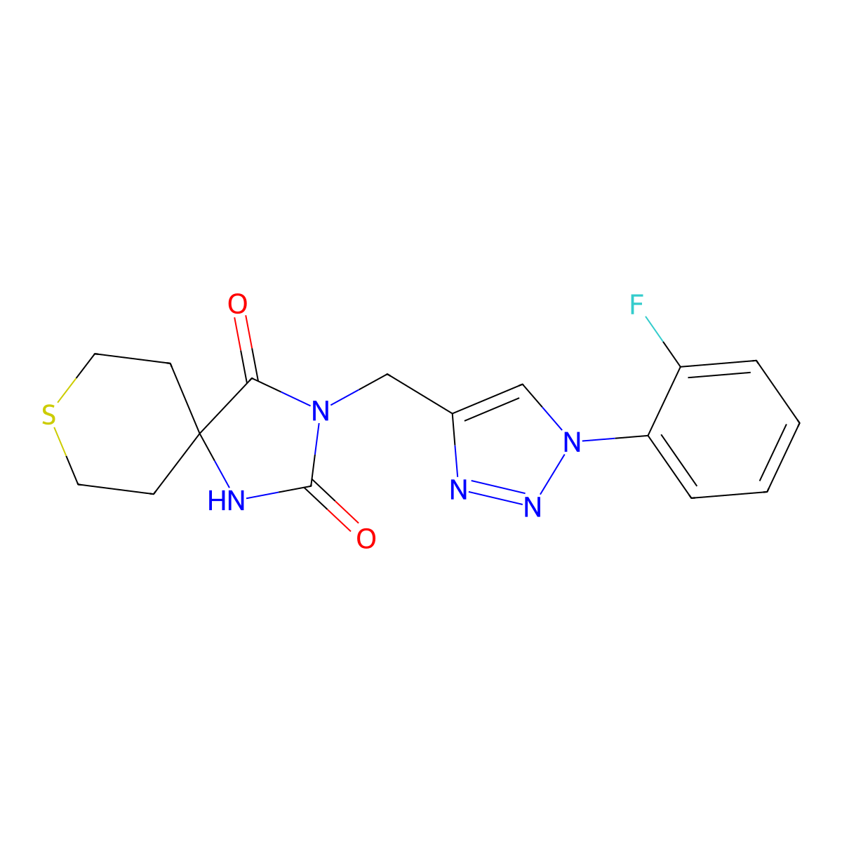 3-{[1-(2-fluorophenyl)-1H-1,2,3-triazol-4-yl]methyl}-8-thia-1,3-diazaspiro[4.5]decane-2,4-dione molecular structure, CAS 2770617-00-8