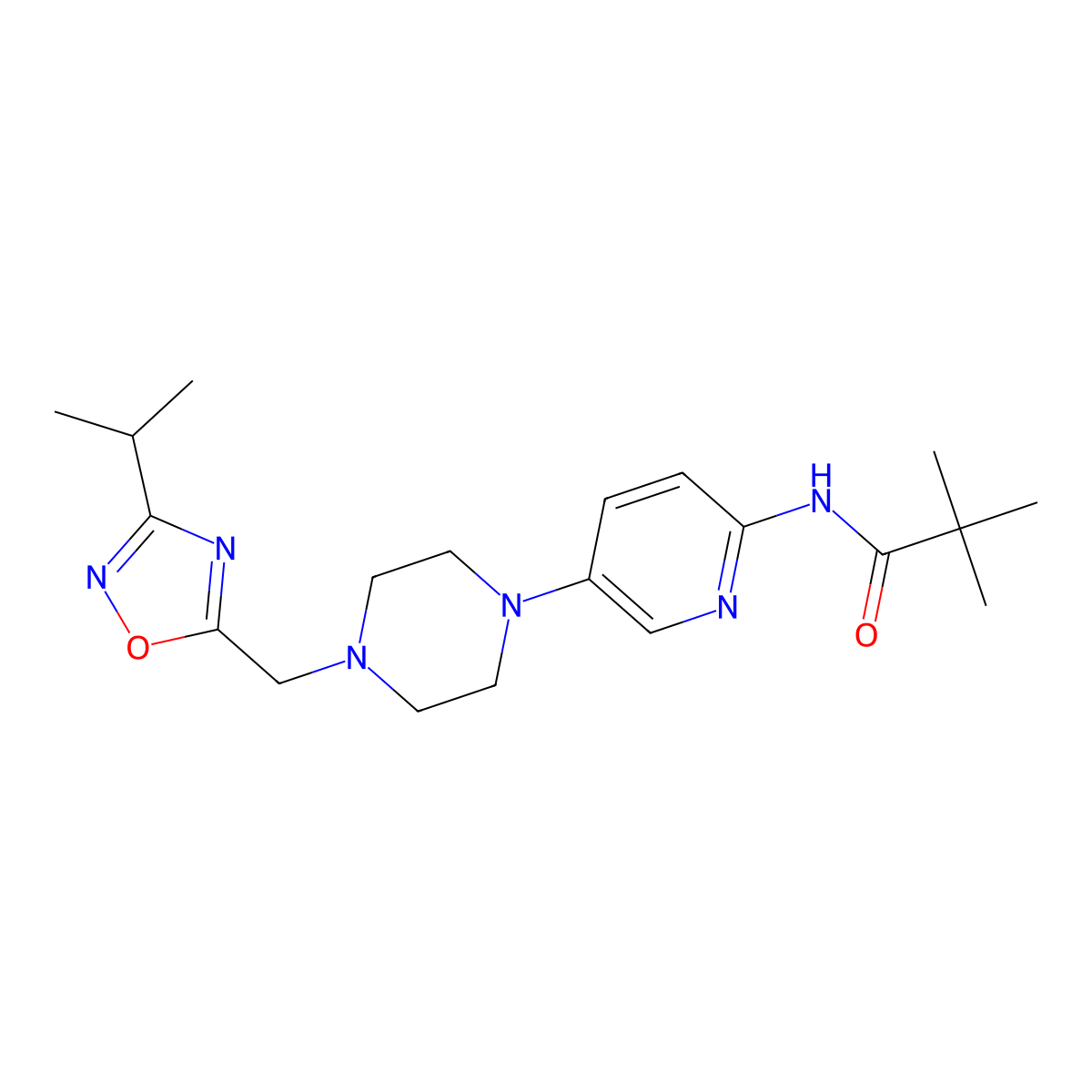 2,2-dimethyl-N-[5-(4-{[3-(propan-2-yl)-1,2,4-oxadiazol-5-yl]methyl}piperazin-1-yl)pyridin-2-yl]propanamide molecular structure, CAS 2770617-05-3