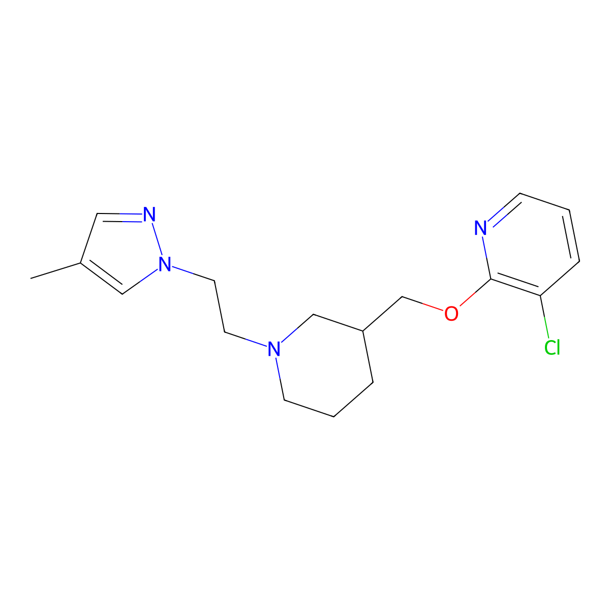 3-chloro-2-({1-[2-(4-methyl-1H-pyrazol-1-yl)ethyl]piperidin-3-yl}methoxy)pyridine molecular structure, CAS 2770617-07-5