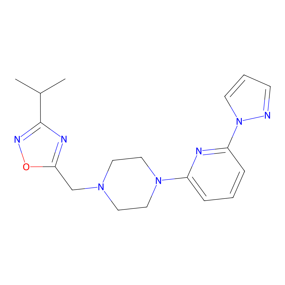 1-{[3-(propan-2-yl)-1,2,4-oxadiazol-5-yl]methyl}-4-[6-(1H-pyrazol-1-yl)pyridin-2-yl]piperazine molecular structure, CAS 2770617-08-6
