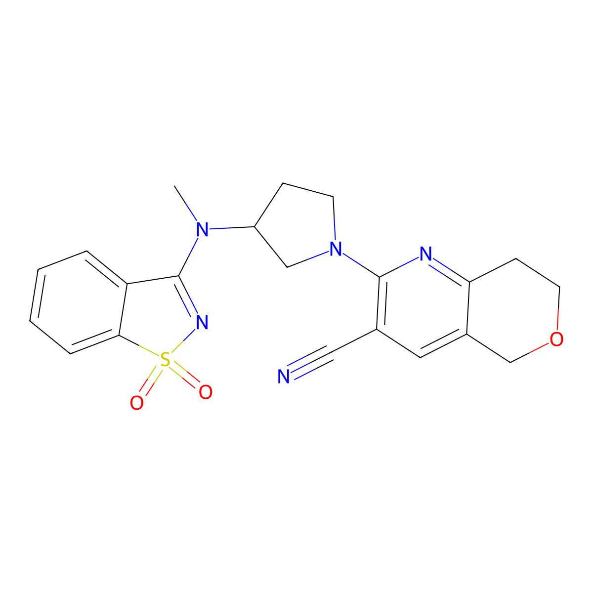 2-[3-[(1,1-dioxo-1,2-benzothiazol-3-yl)-methylamino]pyrrolidin-1-yl]-7,8-dihydro-5H-pyrano[4,3-b]pyridine-3-carbonitrile molecular structure, CAS 2770617-20-2