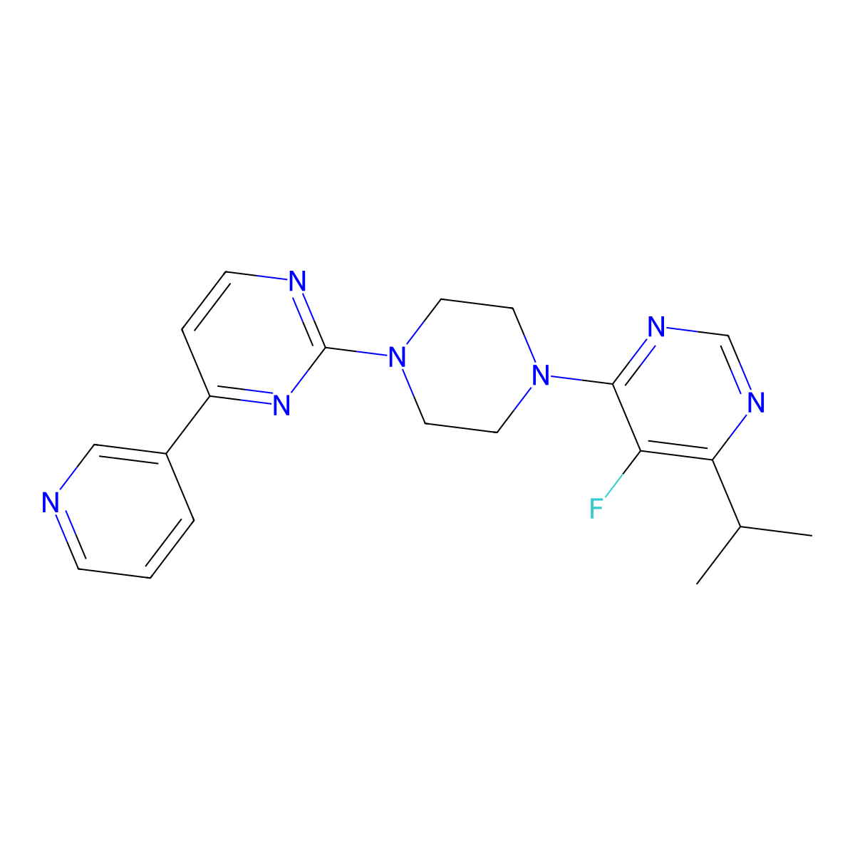5-Fluoro-4-(propan-2-yl)-6-{4-[4-(pyridin-3-yl)pyrimidin-2-yl]piperazin-1-yl}pyrimidine molecular structure, CAS 2770617-23-5