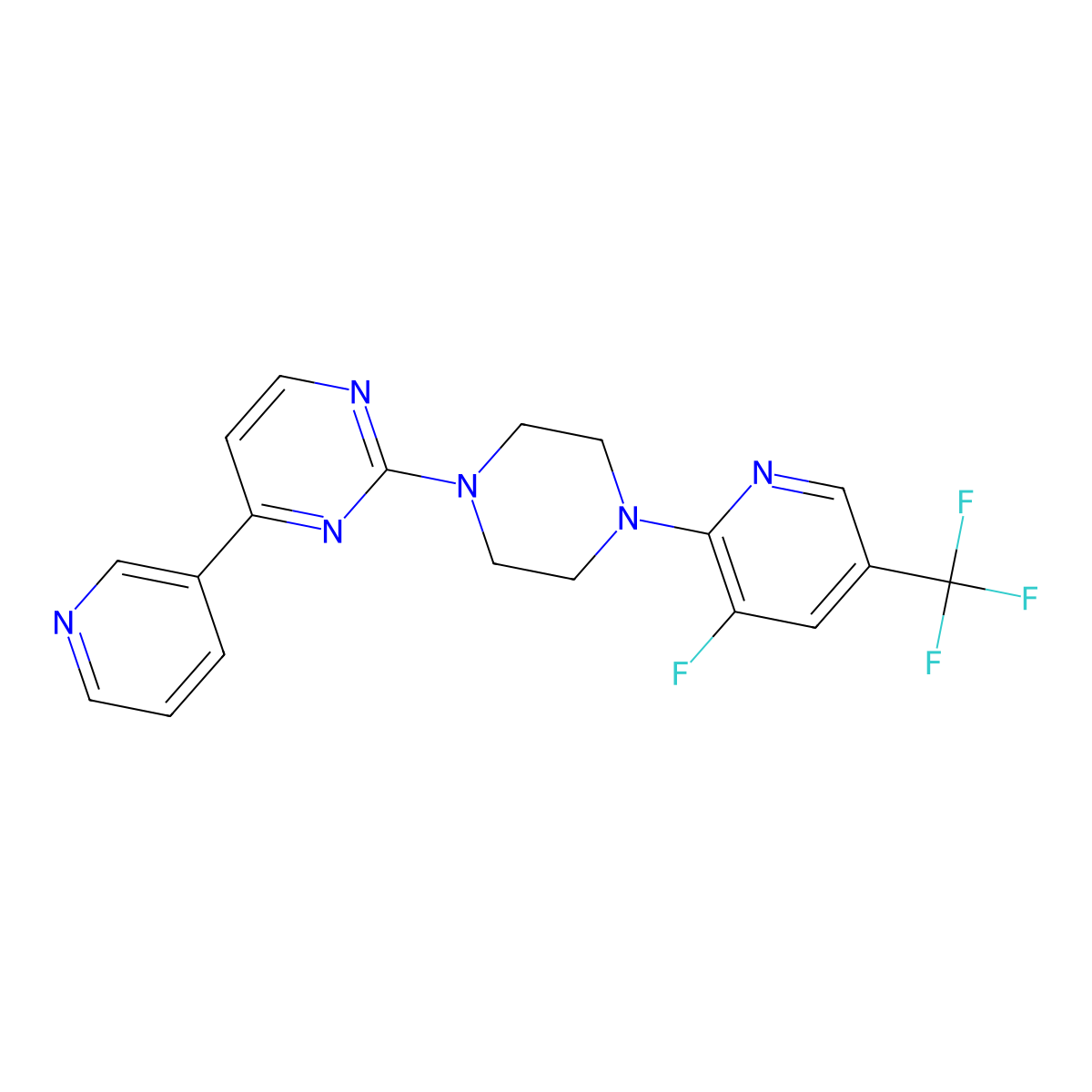 2-{4-[3-Fluoro-5-(trifluoromethyl)pyridin-2-yl]piperazin-1-yl}-4-(pyridin-3-yl)pyrimidine molecular structure, CAS 2770617-34-8