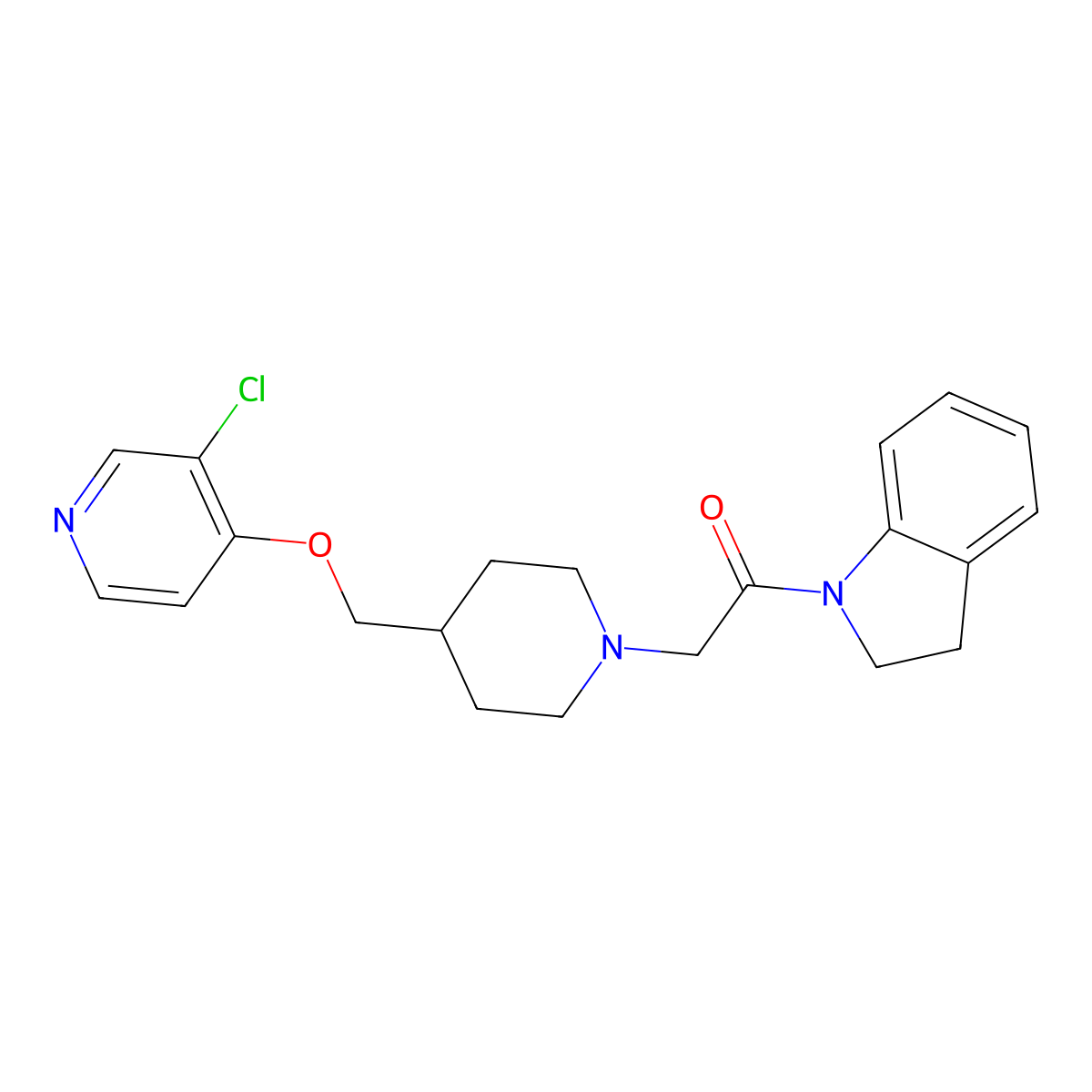 2-(4-{[(3-chloropyridin-4-yl)oxy]methyl}piperidin-1-yl)-1-(2,3-dihydro-1H-indol-1-yl)ethan-1-one molecular structure, CAS 2770617-36-0