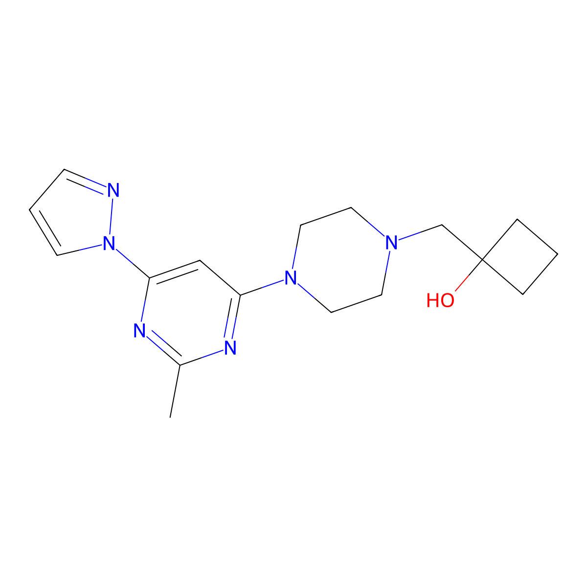 1-({4-[2-methyl-6-(1H-pyrazol-1-yl)pyrimidin-4-yl]piperazin-1-yl}methyl)cyclobutan-1-ol molecular structure, CAS 2770617-39-3