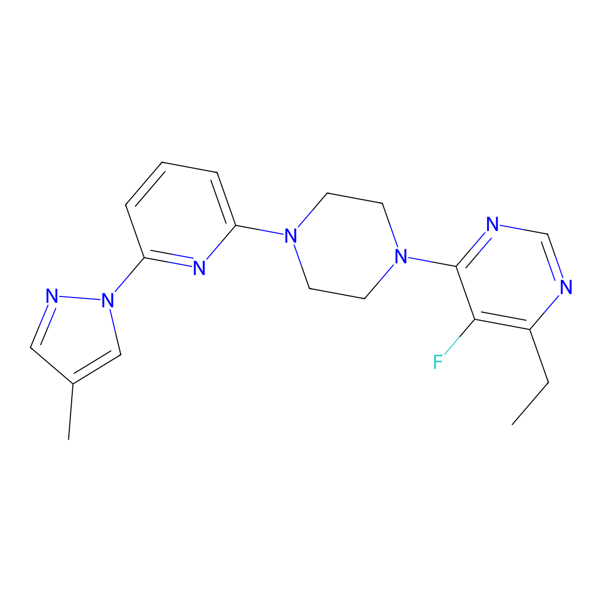 4-ethyl-5-fluoro-6-{4-[6-(4-methyl-1H-pyrazol-1-yl)pyridin-2-yl]piperazin-1-yl}pyrimidine molecular structure, CAS 2770617-42-8