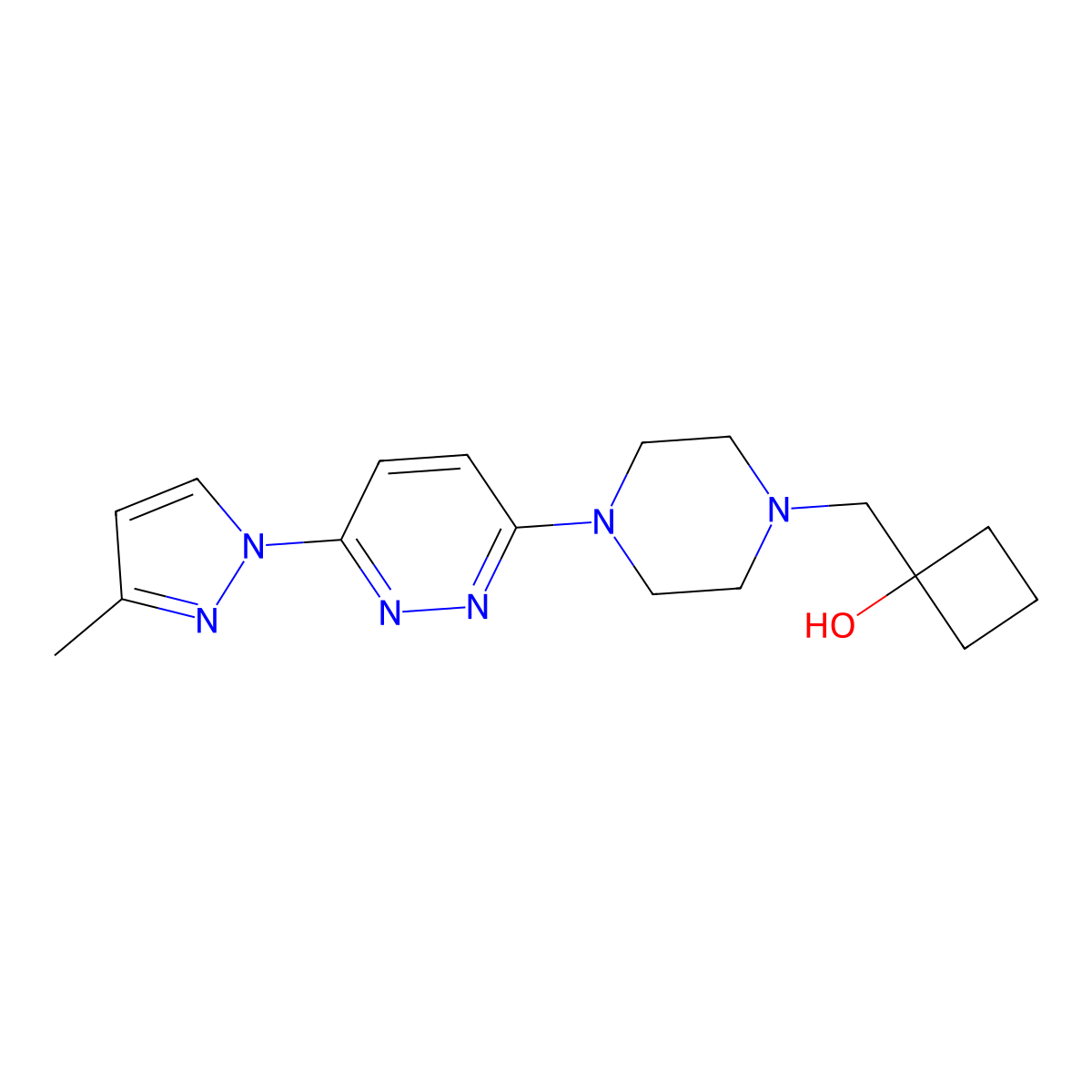 1-({4-[6-(3-methyl-1H-pyrazol-1-yl)pyridazin-3-yl]piperazin-1-yl}methyl)cyclobutan-1-ol molecular structure, CAS 2770617-47-3