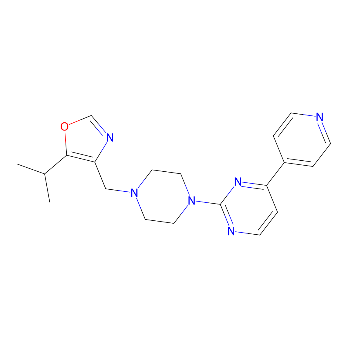 2-(4-{[5-(Propan-2-yl)-1,3-oxazol-4-yl]methyl}piperazin-1-yl)-4-(pyridin-4-yl)pyrimidine molecular structure, CAS 2770617-48-4