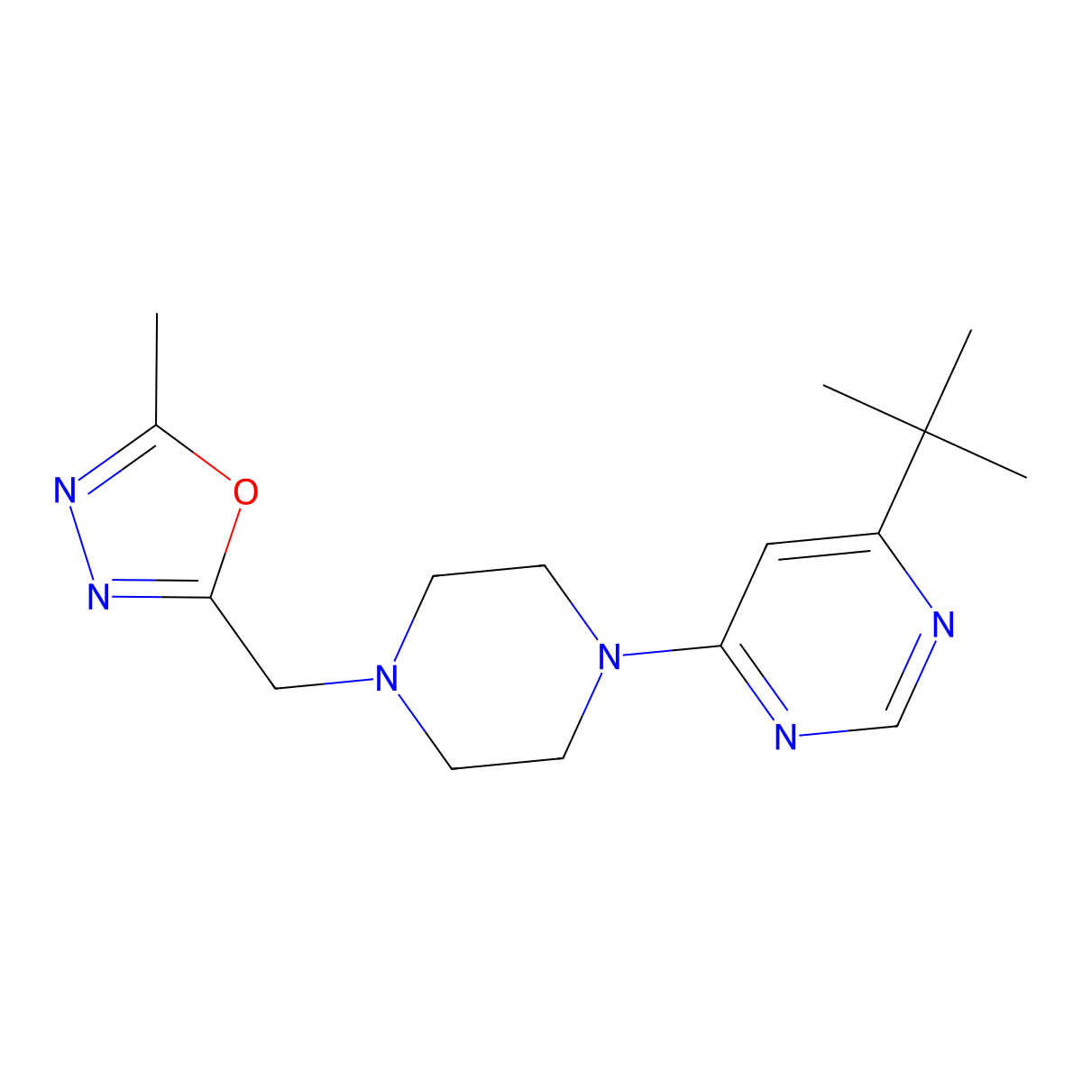 4-Tert-butyl-6-{4-[(5-methyl-1,3,4-oxadiazol-2-yl)methyl]piperazin-1-yl}pyrimidine molecular structure, CAS 2770617-52-0