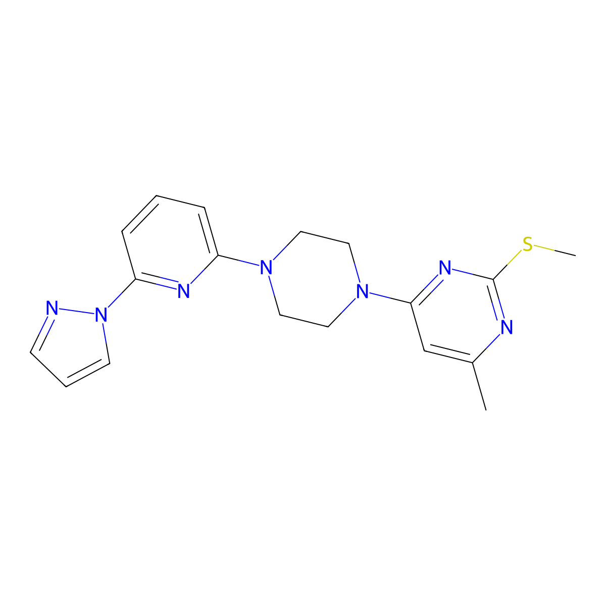 4-methyl-2-(methylsulfanyl)-6-{4-[6-(1H-pyrazol-1-yl)pyridin-2-yl]piperazin-1-yl}pyrimidine molecular structure, CAS 2770617-55-3
