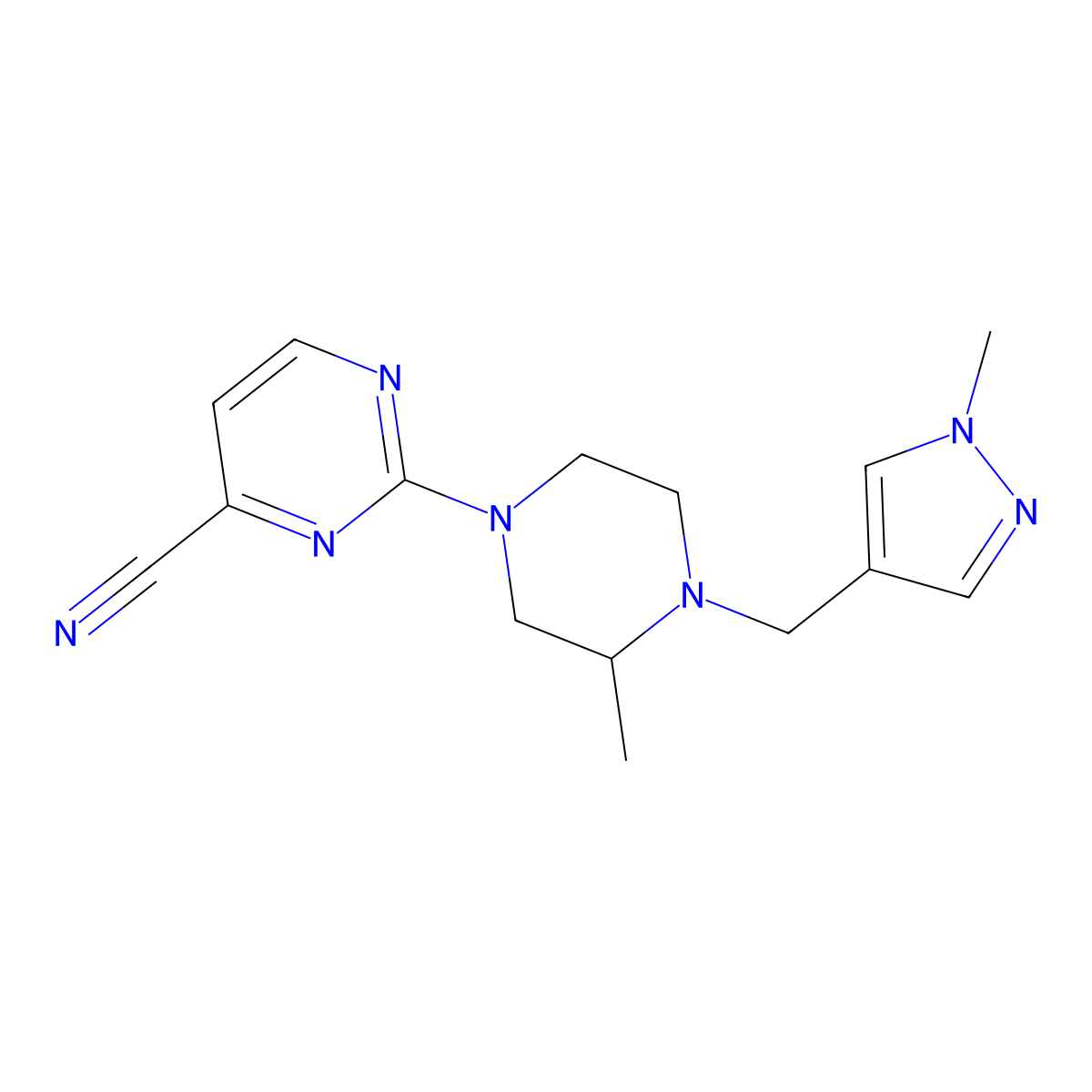 2-{3-methyl-4-[(1-methyl-1H-pyrazol-4-yl)methyl]piperazin-1-yl}pyrimidine-4-carbonitrile molecular structure, CAS 2770617-62-2