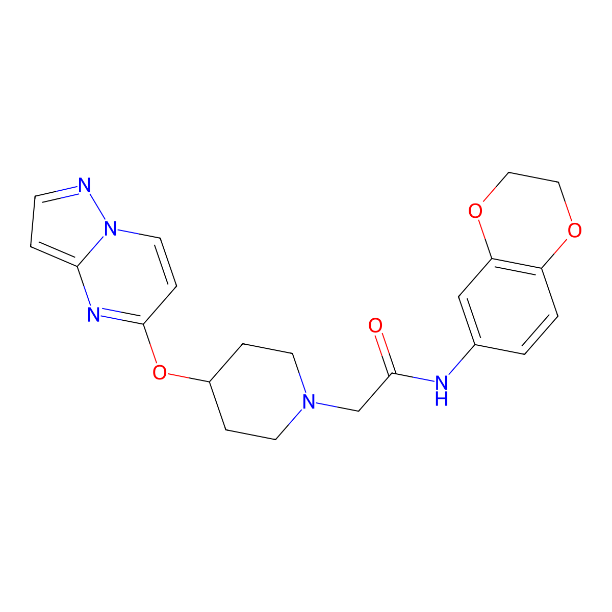 N-(2,3-dihydro-1,4-benzodioxin-6-yl)-2-(4-{pyrazolo[1,5-a]pyrimidin-5-yloxy}piperidin-1-yl)acetamide molecular structure, CAS 2770617-65-5