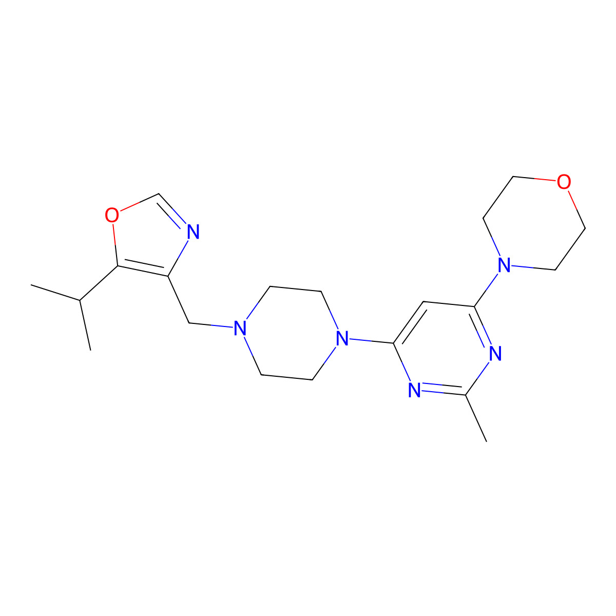 4-[2-Methyl-6-(4-{[5-(propan-2-yl)-1,3-oxazol-4-yl]methyl}piperazin-1-yl)pyrimidin-4-yl]morpholine molecular structure, CAS 2770617-69-9
