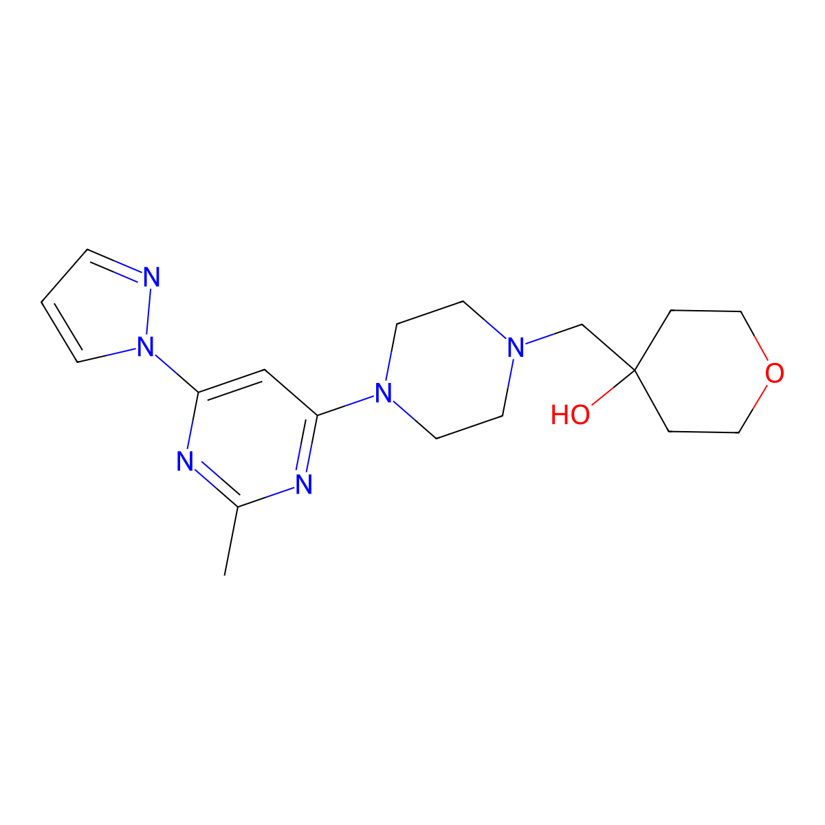 4-({4-[2-methyl-6-(1H-pyrazol-1-yl)pyrimidin-4-yl]piperazin-1-yl}methyl)oxan-4-ol molecular structure, CAS 2770617-73-5