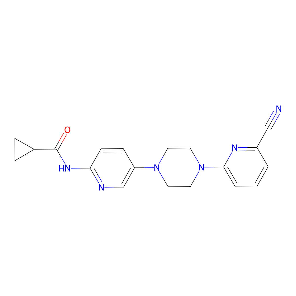 N-{5-[4-(6-cyanopyridin-2-yl)piperazin-1-yl]pyridin-2-yl}cyclopropanecarboxamide molecular structure, CAS 2770617-77-9