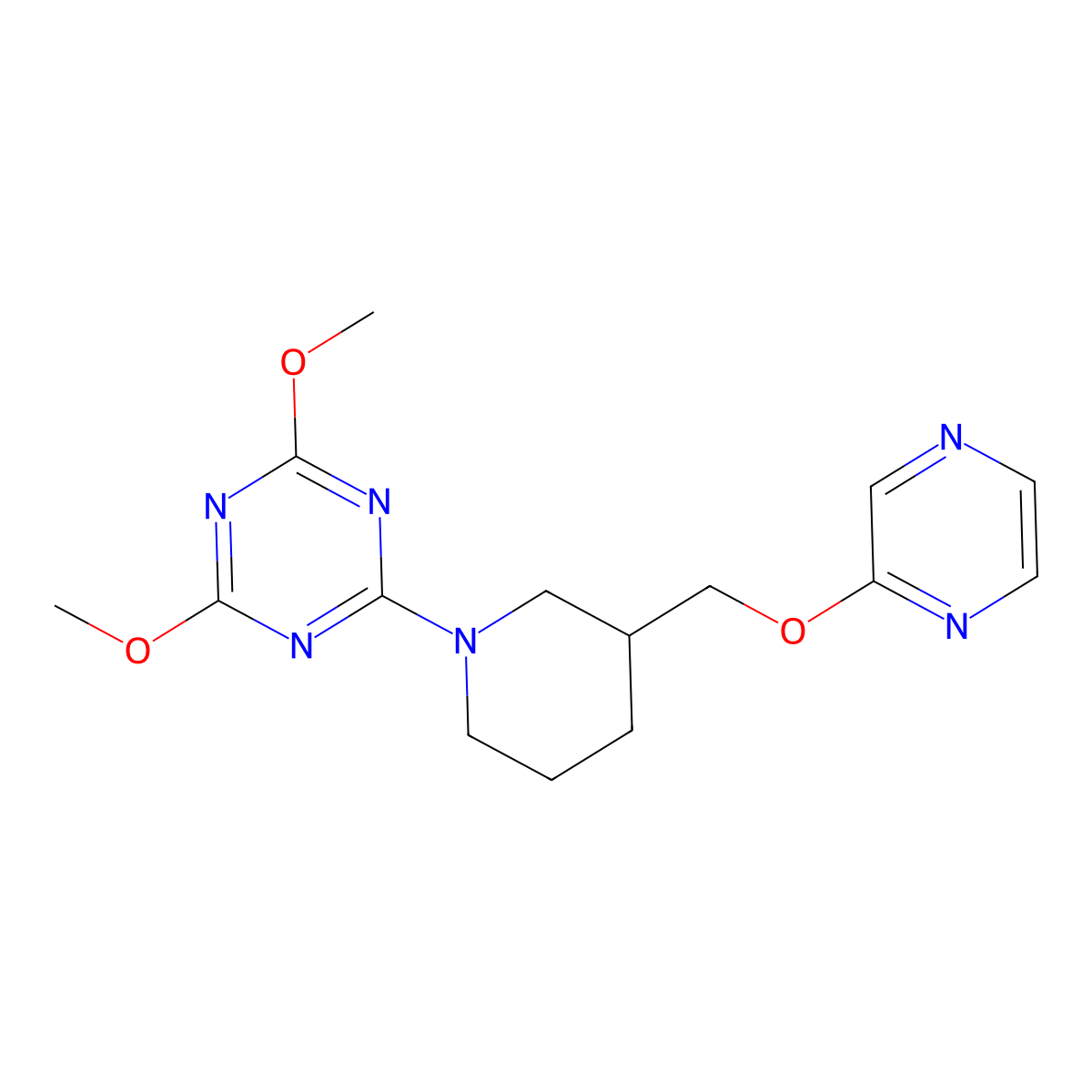2,4-Dimethoxy-6-{3-[(pyrazin-2-yloxy)methyl]piperidin-1-yl}-1,3,5-triazine molecular structure, CAS 2770617-98-4