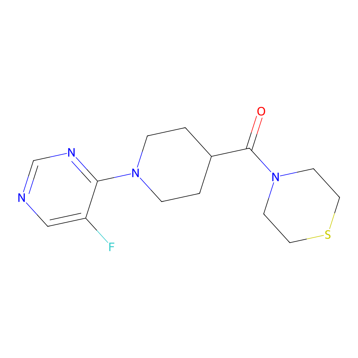 4-[1-(5-Fluoropyrimidin-4-yl)piperidine-4-carbonyl]thiomorpholine molecular structure, CAS 2770618-06-7