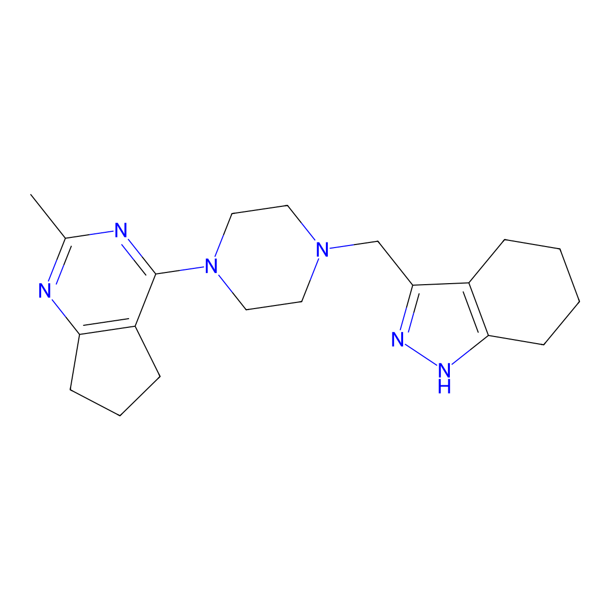 3-[(4-{2-methyl-5H,6H,7H-cyclopenta[d]pyrimidin-4-yl}piperazin-1-yl)methyl]-4,5,6,7-tetrahydro-1H-indazole molecular structure, CAS 2770618-08-9