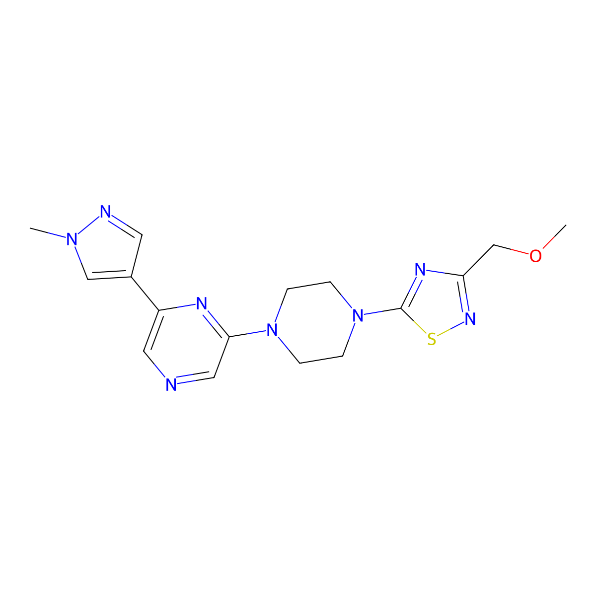 2-{4-[3-(methoxymethyl)-1,2,4-thiadiazol-5-yl]piperazin-1-yl}-6-(1-methyl-1H-pyrazol-4-yl)pyrazine molecular structure, CAS 2770618-19-2