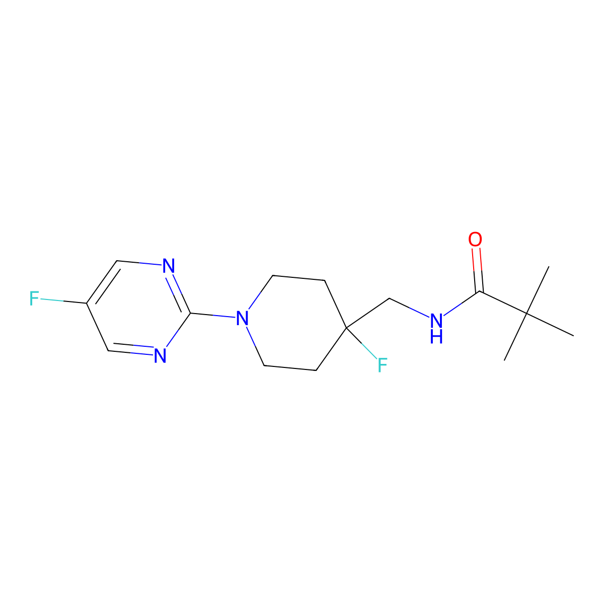 N-{[4-fluoro-1-(5-fluoropyrimidin-2-yl)piperidin-4-yl]methyl}-2,2-dimethylpropanamide molecular structure, CAS 2770618-21-6