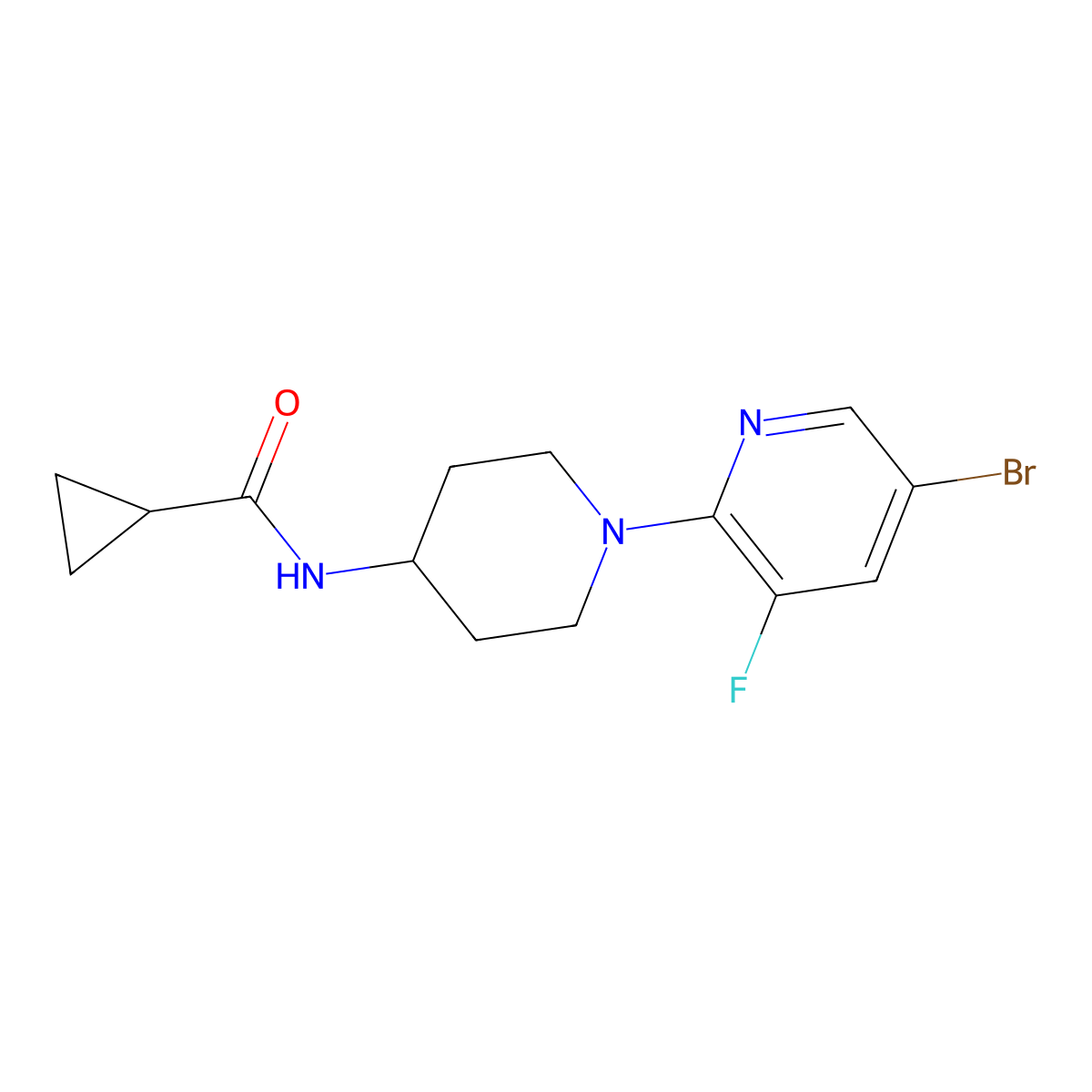 N-[1-(5-bromo-3-fluoropyridin-2-yl)piperidin-4-yl]cyclopropanecarboxamide molecular structure, CAS 2770618-26-1