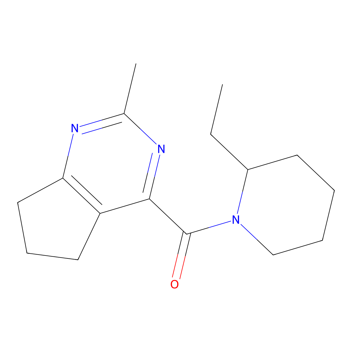 2-ethyl-1-{2-methyl-5H,6H,7H-cyclopenta[d]pyrimidine-4-carbonyl}piperidine molecular structure, CAS 2770618-32-9