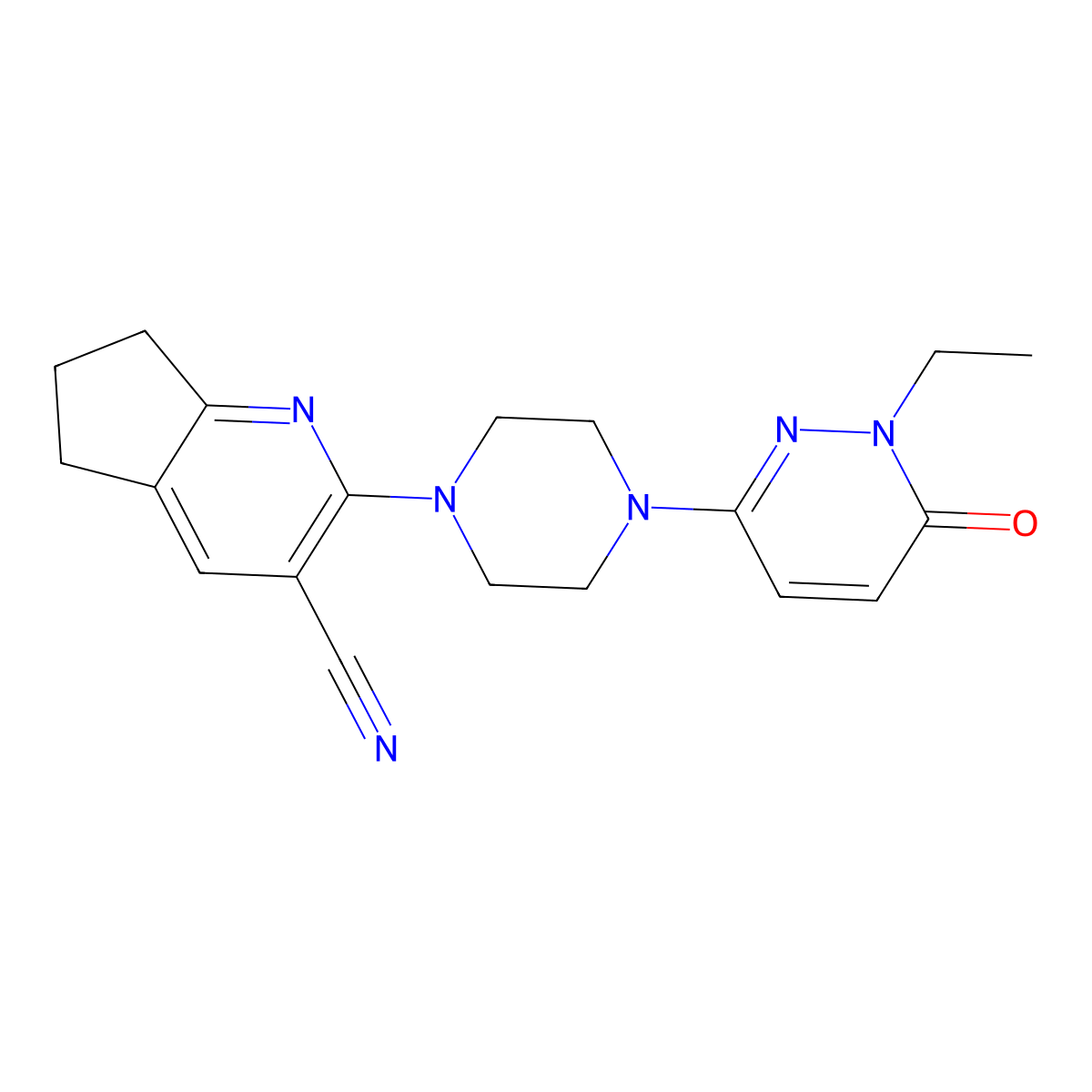 2-[4-(1-ethyl-6-oxo-1,6-dihydropyridazin-3-yl)piperazin-1-yl]-5H,6H,7H-cyclopenta[b]pyridine-3-carbonitrile molecular structure, CAS 2770618-36-3