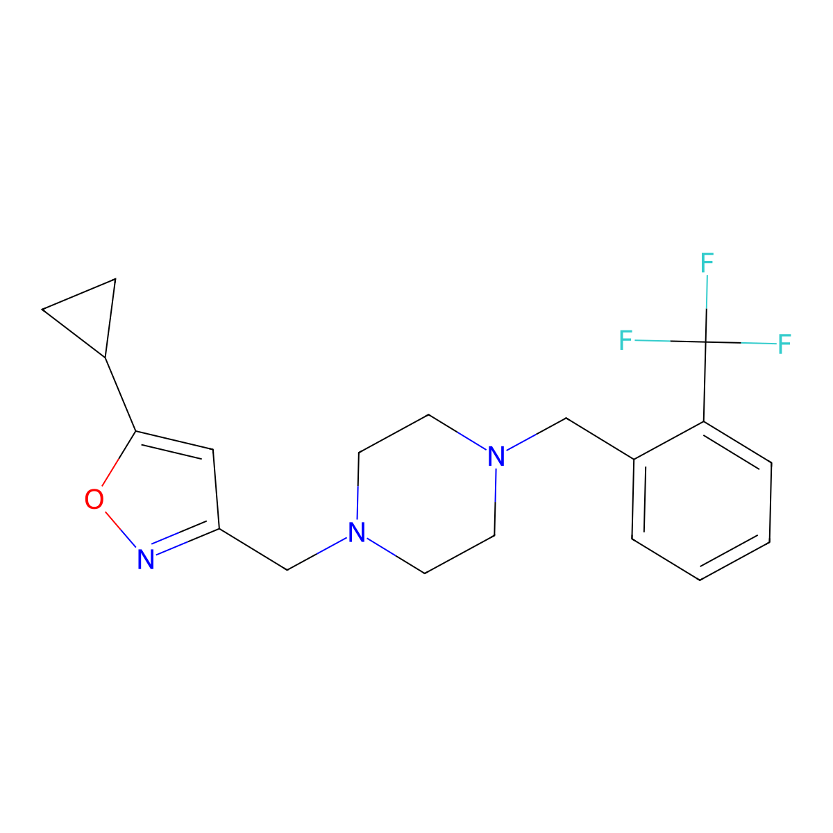 1-[(5-Cyclopropyl-1,2-oxazol-3-yl)methyl]-4-{[2-(trifluoromethyl)phenyl]methyl}piperazine molecular structure, CAS 2770618-41-0