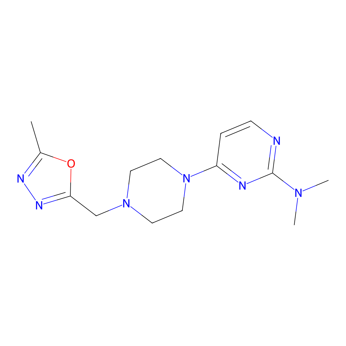 N,N-dimethyl-4-{4-[(5-methyl-1,3,4-oxadiazol-2-yl)methyl]piperazin-1-yl}pyrimidin-2-amine molecular structure, CAS 2770618-42-1