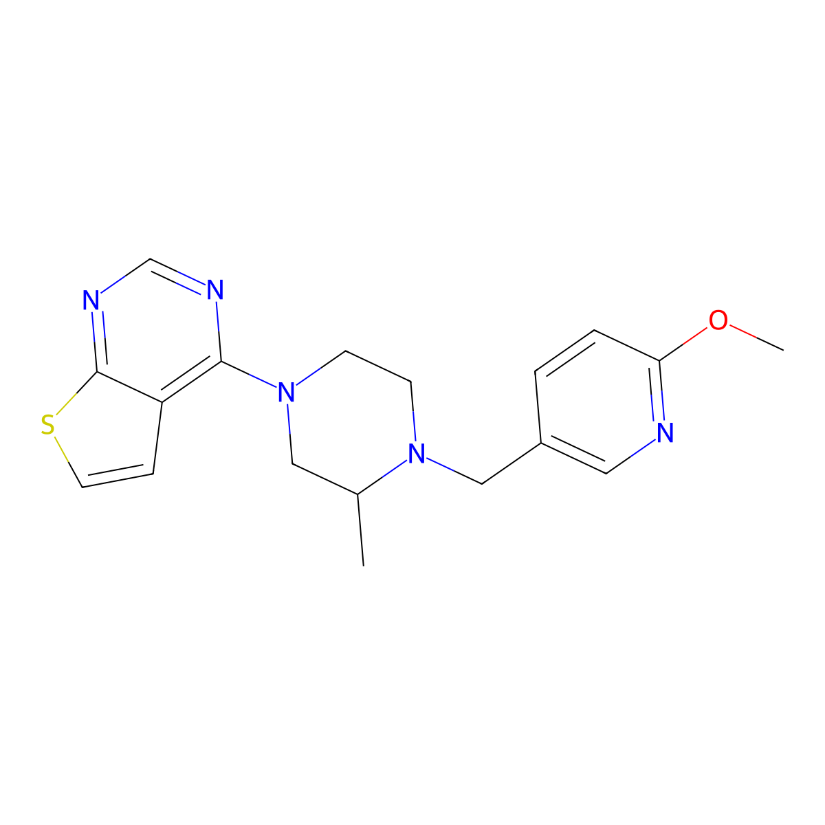 1-[(6-Methoxypyridin-3-yl)methyl]-2-methyl-4-{thieno[2,3-d]pyrimidin-4-yl}piperazine molecular structure, CAS 2770618-60-3