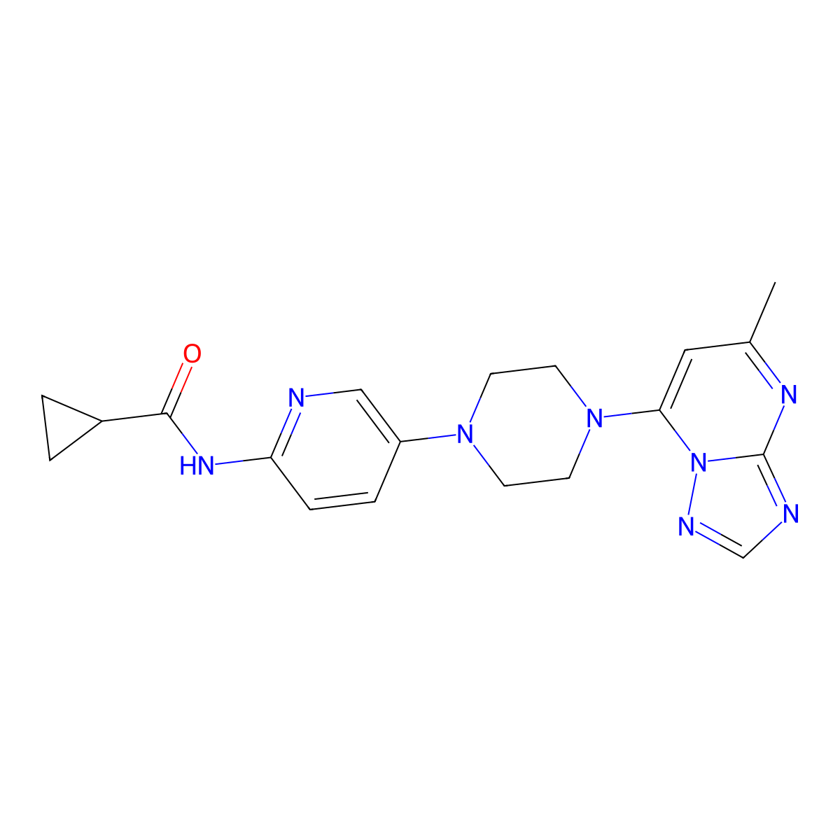 N-[5-(4-{5-methyl-[1,2,4]triazolo[1,5-a]pyrimidin-7-yl}piperazin-1-yl)pyridin-2-yl]cyclopropanecarboxamide molecular structure, CAS 2770618-62-5