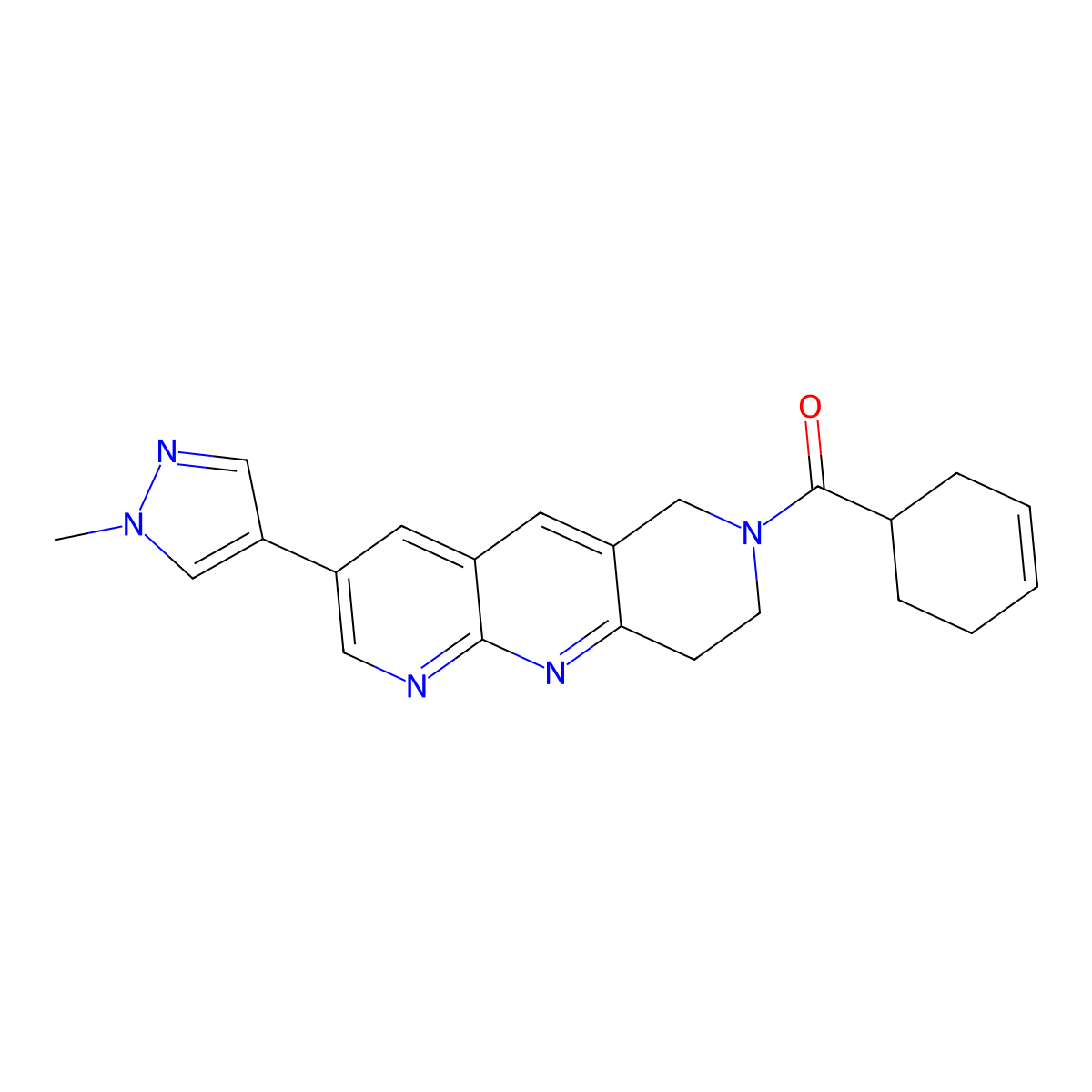 4-[7-(cyclohex-3-ene-1-carbonyl)-6H,7H,8H,9H-pyrido[2,3-b]1,6-naphthyridin-3-yl]-1-methyl-1H-pyrazole molecular structure, CAS 2770618-70-5